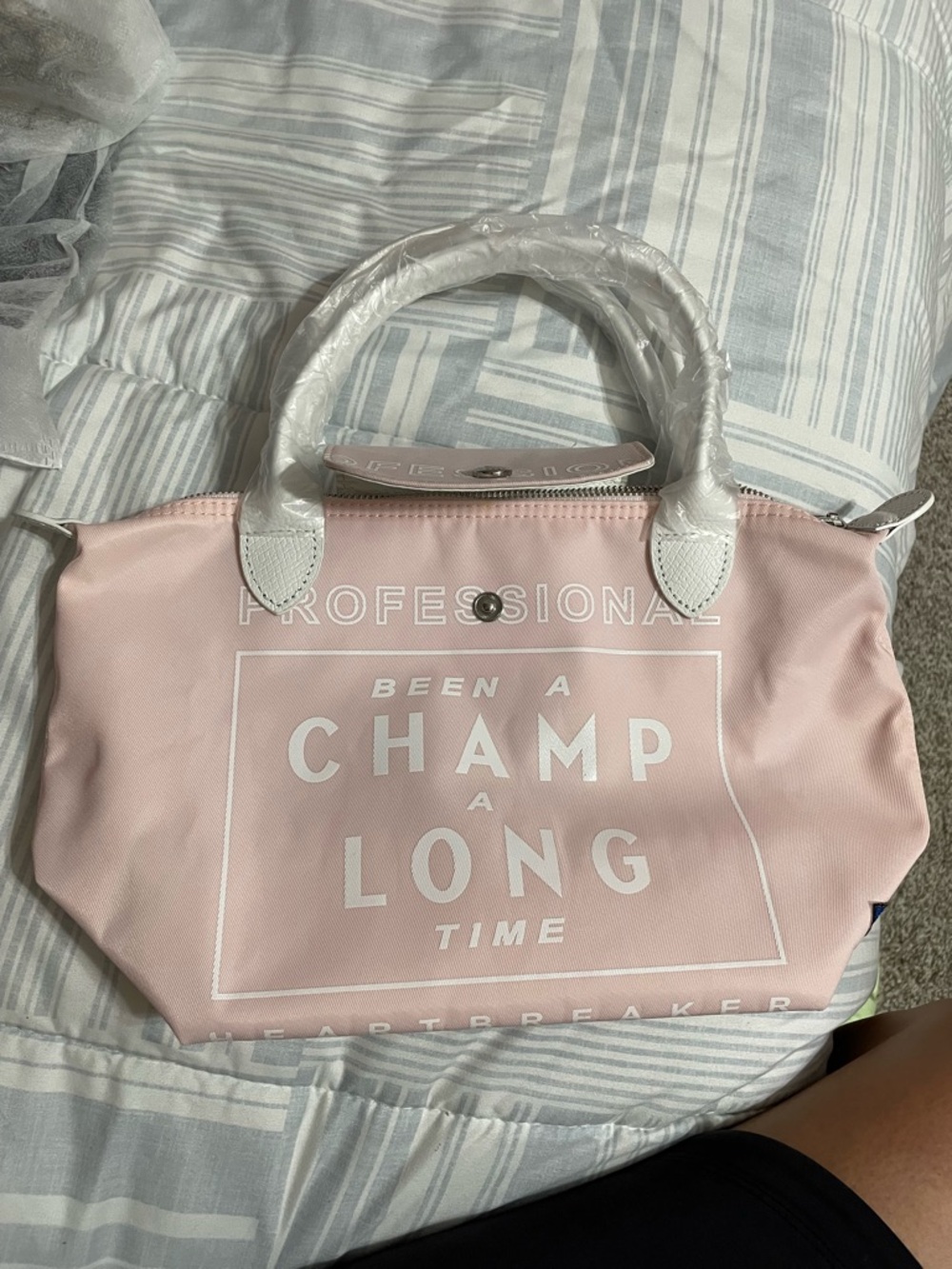 Longchamp Pink Tote with White Handles and White Print